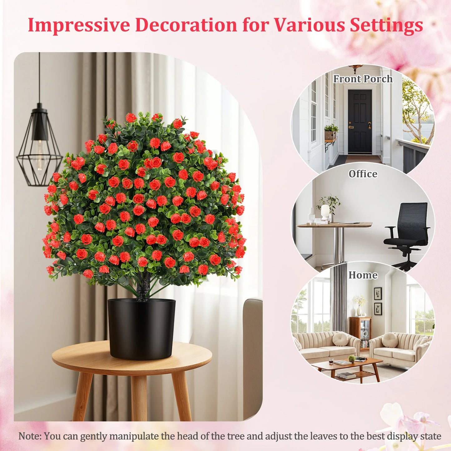 2 Pack Artificial Rose Topiary Ball Tree Faux Shrub Bushes w/ Flowers