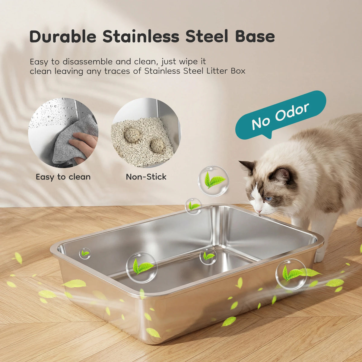 Enclosed Stainless Steel Cat Litter Box with Scoop and Mat