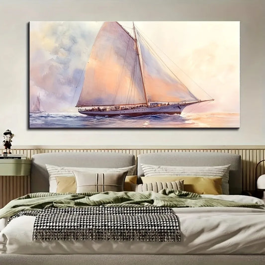 Gold frame mural, white sailboat seascape vintage canvas painting suitable for home decor, 1.5 inch thick pine solid wood frame