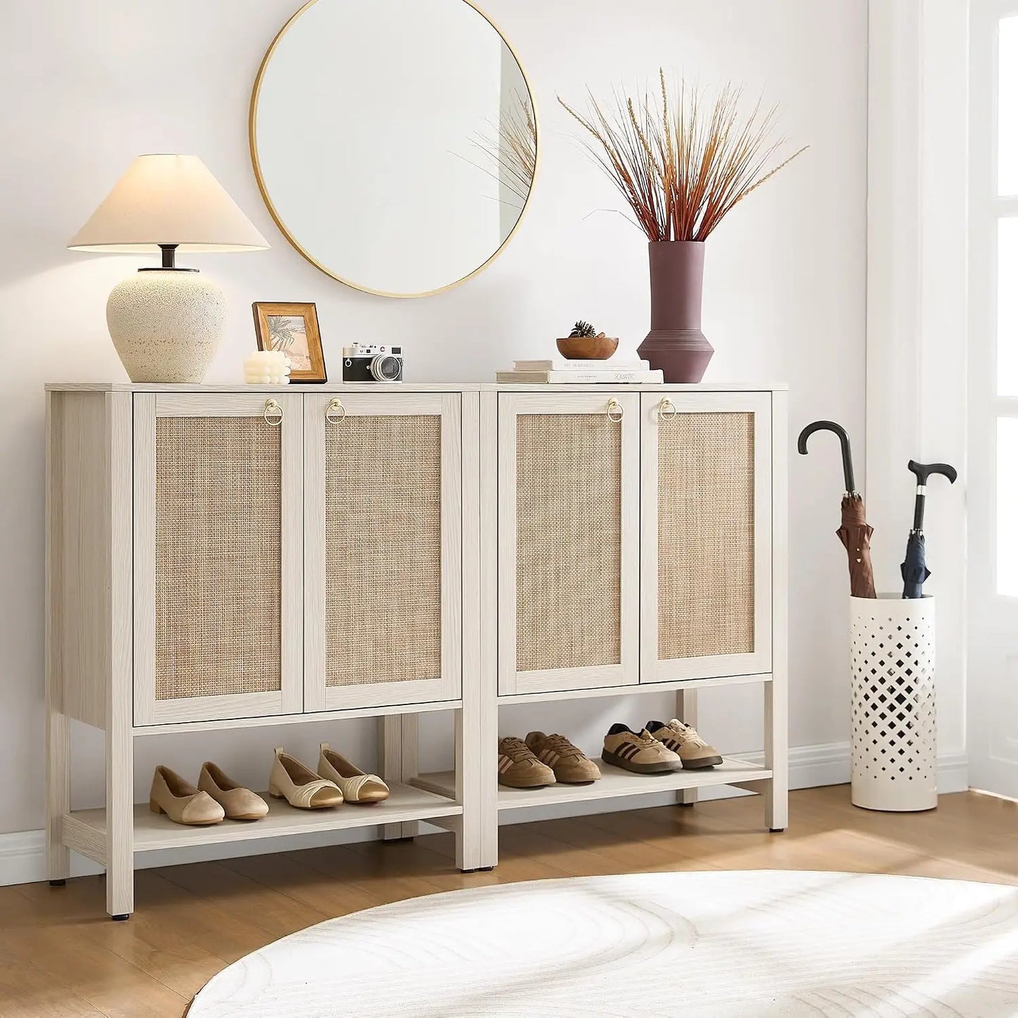 Shoe Storage Cabinet for Entryway - 5 Tier Rattan Entry Shoe Organizer Cabinet with Shelves & Doors, 2 Pieces, Customized