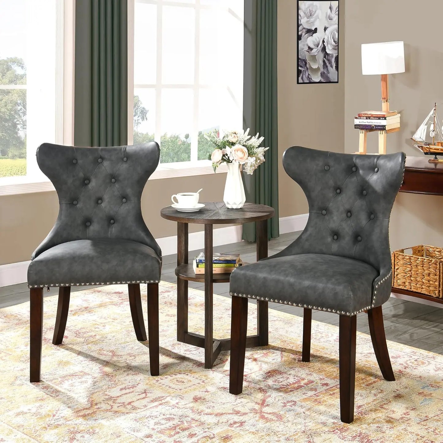 Upholstered Modern Dining Chairs Set Of 2 Button Tufted Leather