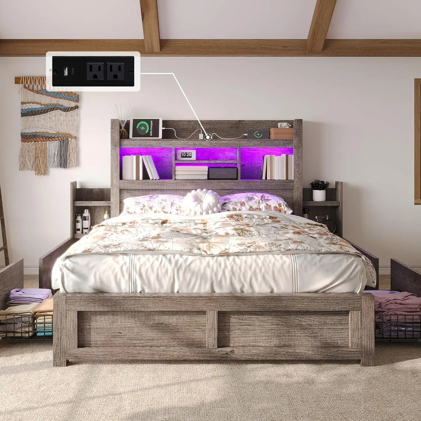Queen Bed Frame with 49.6" Bookcase Headboard & 2 Detachable Bedside Stoage Racks & 4 Drawers, Farmhouse Wood Bed Frame, Custom