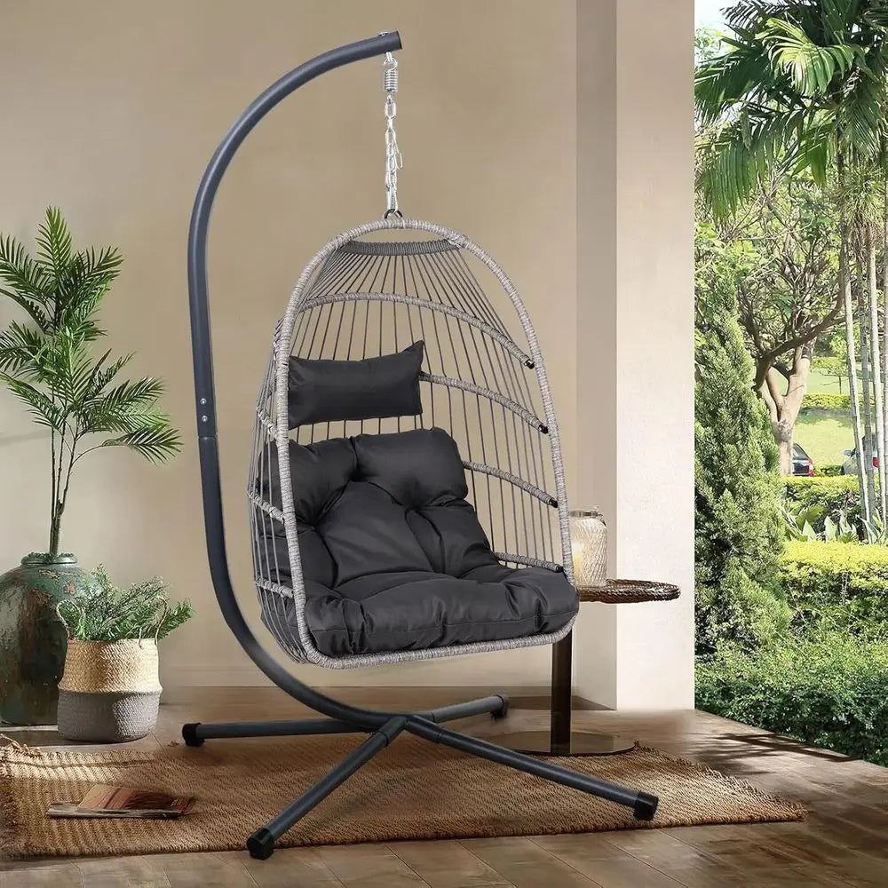 Outdoor Egg Hanging Chair with Stand, Patio Wicker Swing Egg Chair Indoor Outdoor Hammock Chair, 350 lbs acity, Black Gray