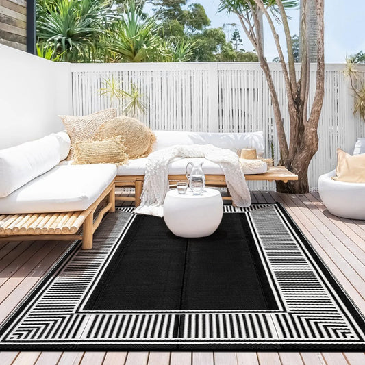 Reversible Outdoor Area Rug- Washable Plastic Geometric Mat  -Portable RV Camping Mat with Carry Bag & Stakes for Patio Porch