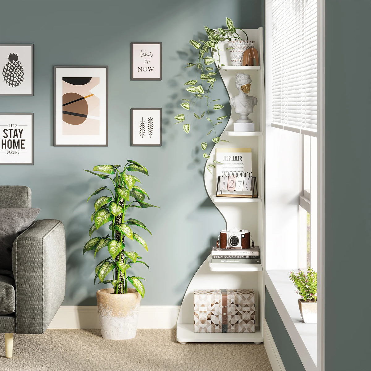 Tribesigns Modern Corner Bookshelf, Five Tier Wall Storage Shelf