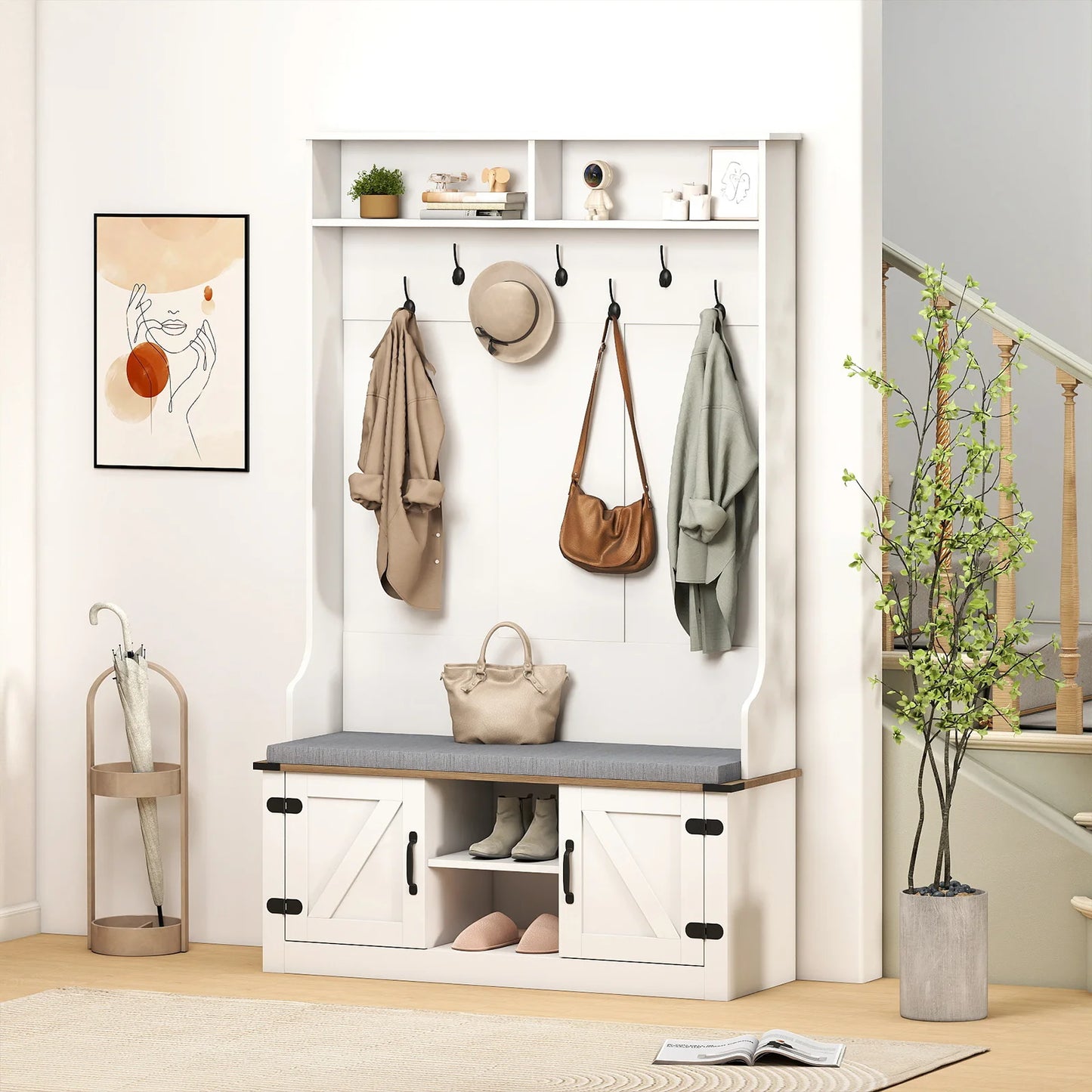 68. 5” 4-in-1 Hall Tree w/ Cushioned Bench Shoe Storage 7 Hooks 2 Cabinets White