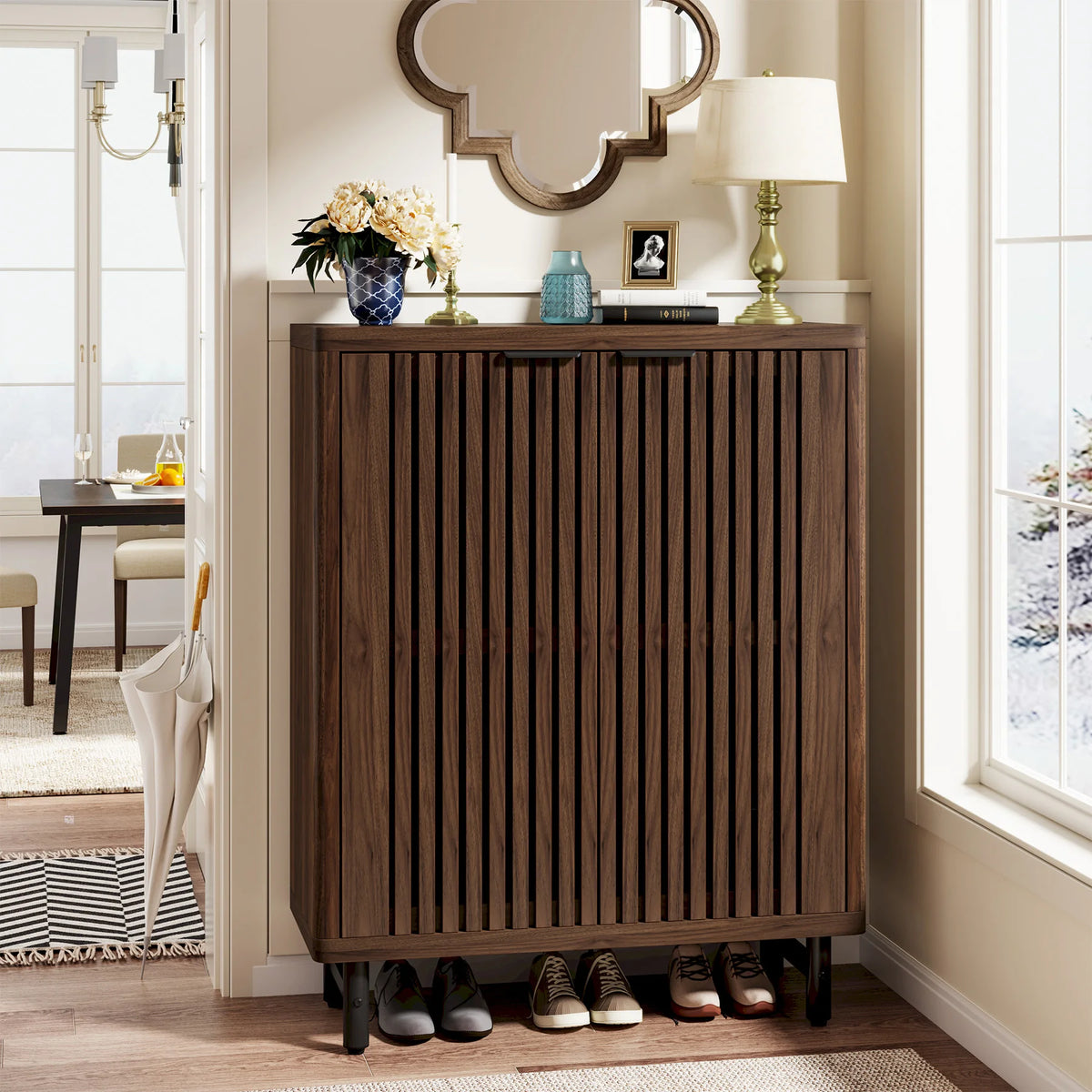Tribesigns Wooden Shoe Cabinet With Louvered Doors And Adjustable Shelves