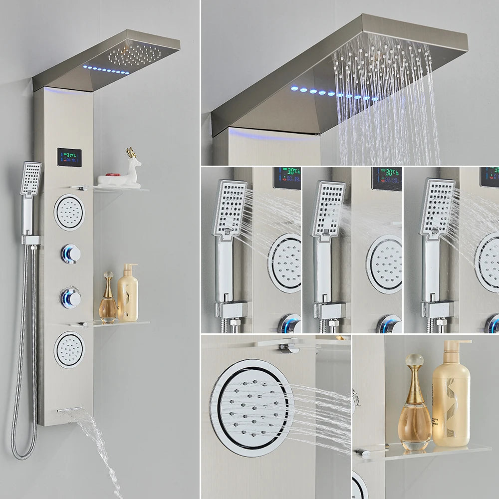Black/Brushed Bathroom Shower Faucet LED Rainfall Head Shower Panel Set Bathtub Mixer Tap With Hand Sprayer Temperature Screen