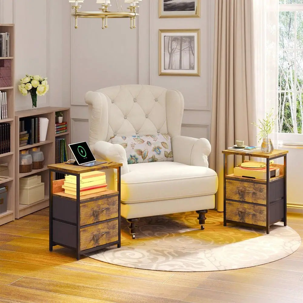 Tomnk 1/2pcs Night Stand With Charging Station, Nightstand With U-S-B Ports And Outlets, 2 Fabric Storage Drawers PU Fi