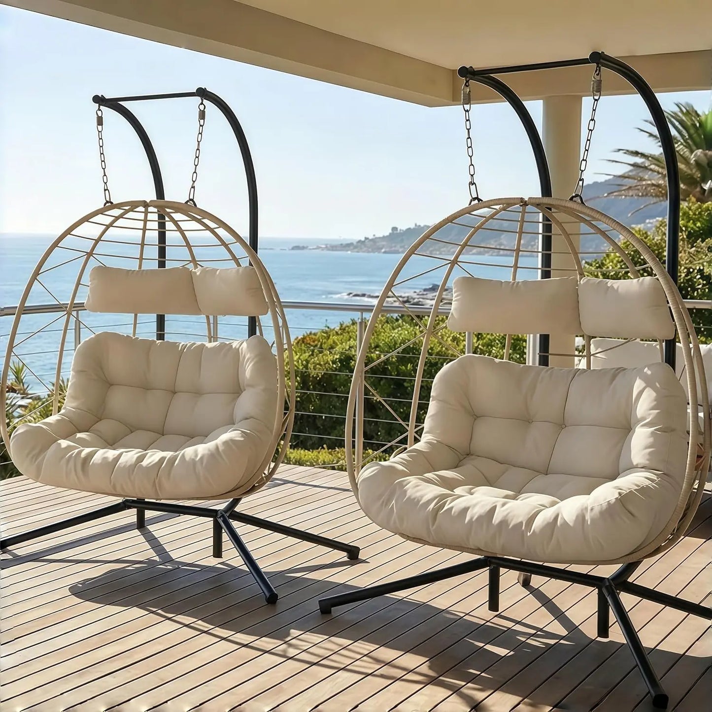 Set of 2 Wicker Hanging Egg Chairs with Stand, 700 lb Capacity, Indoor/Outdoor Double Egg Swing Hammock Chairs for, Custom