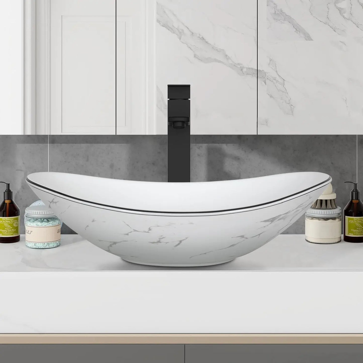 32 Inches White Bathroom Vanity with Marble Texture Top and 4 Drawers, with Marble Boat Ceramic Sink, Custom