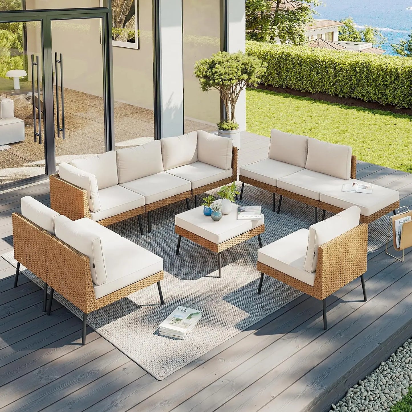 10 Piece Patio Furniture Set, 10 Seats Outdoor Sectional Sofas with Thick Cushion, Wicker Outdoor Patio Furniture Set, Custom