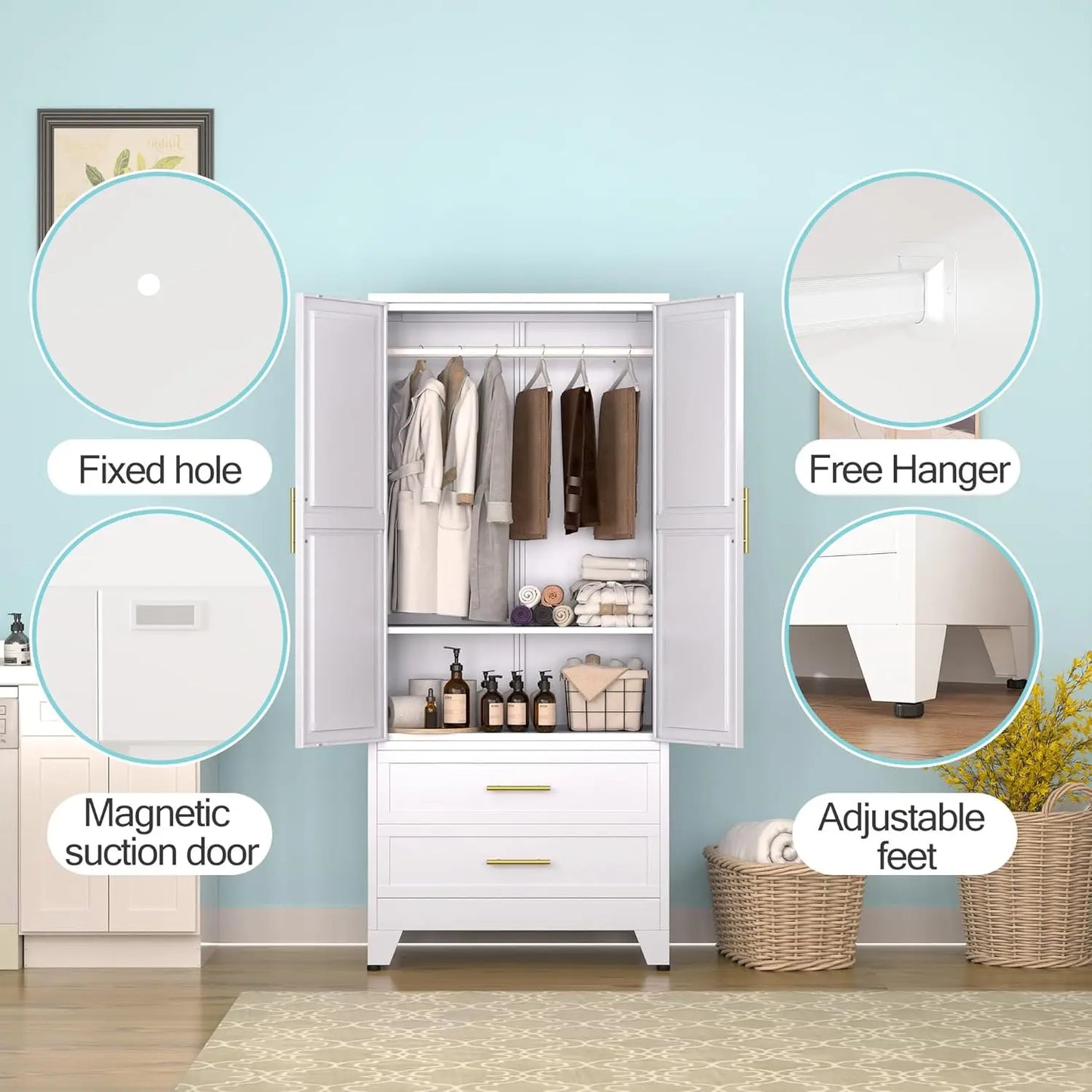 Metal Armoire Wardrobe Closet, 71 "Metal Clothing Storage Cabinet with Adjustable Shelves and Hanging Rod, Household, Custom