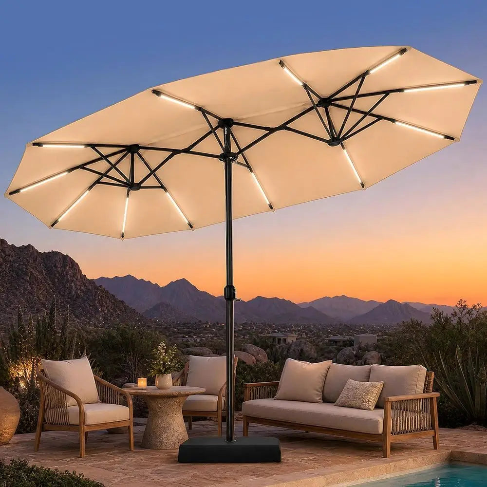 15T Double Sided Patio Umbrella with 12 r LED Light Bars & Base Included, Extra Large RecOutdoor Market Umbrella or 8-12 People