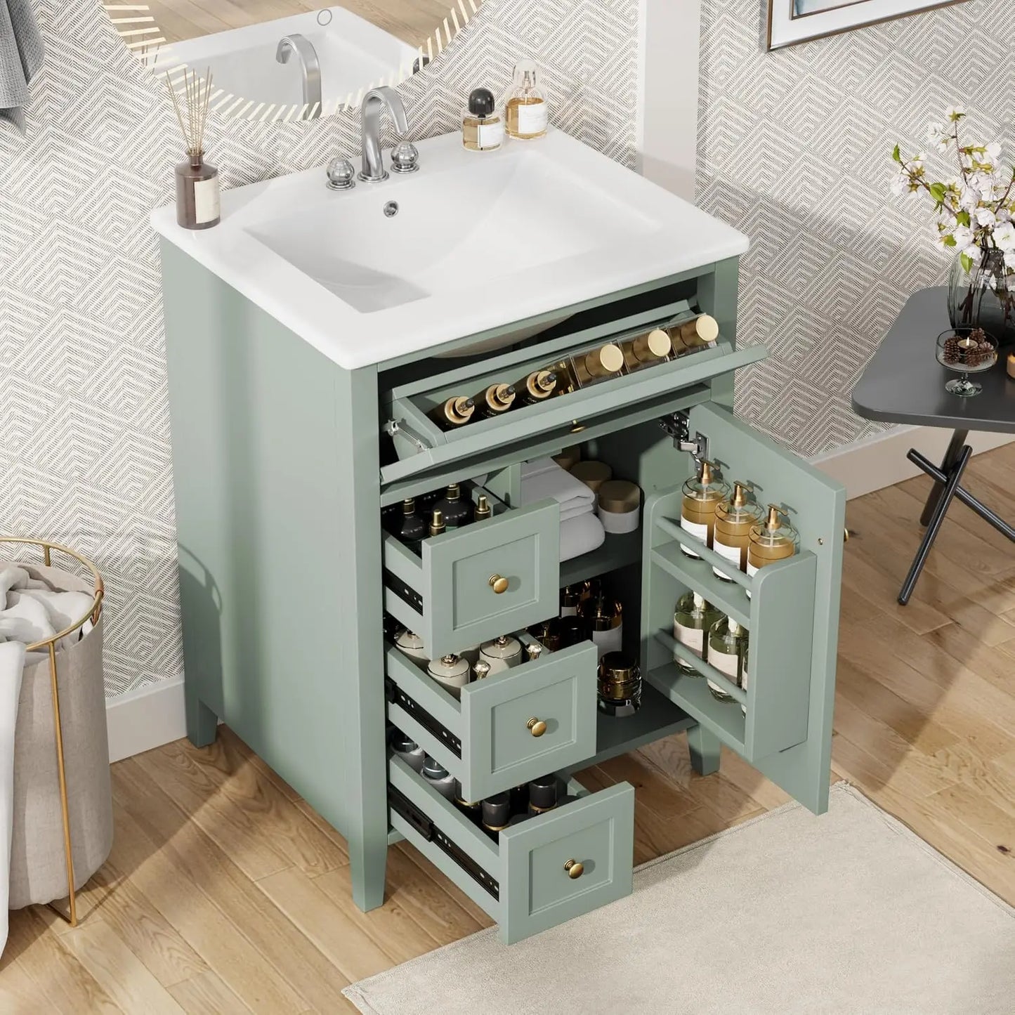 24" Bathroom Vanity with Sink Combo Set, Bathroom Cabinet with 3 Drawers and a Tip-Out Drawer, Adjustable Shelves, Soft, Custom