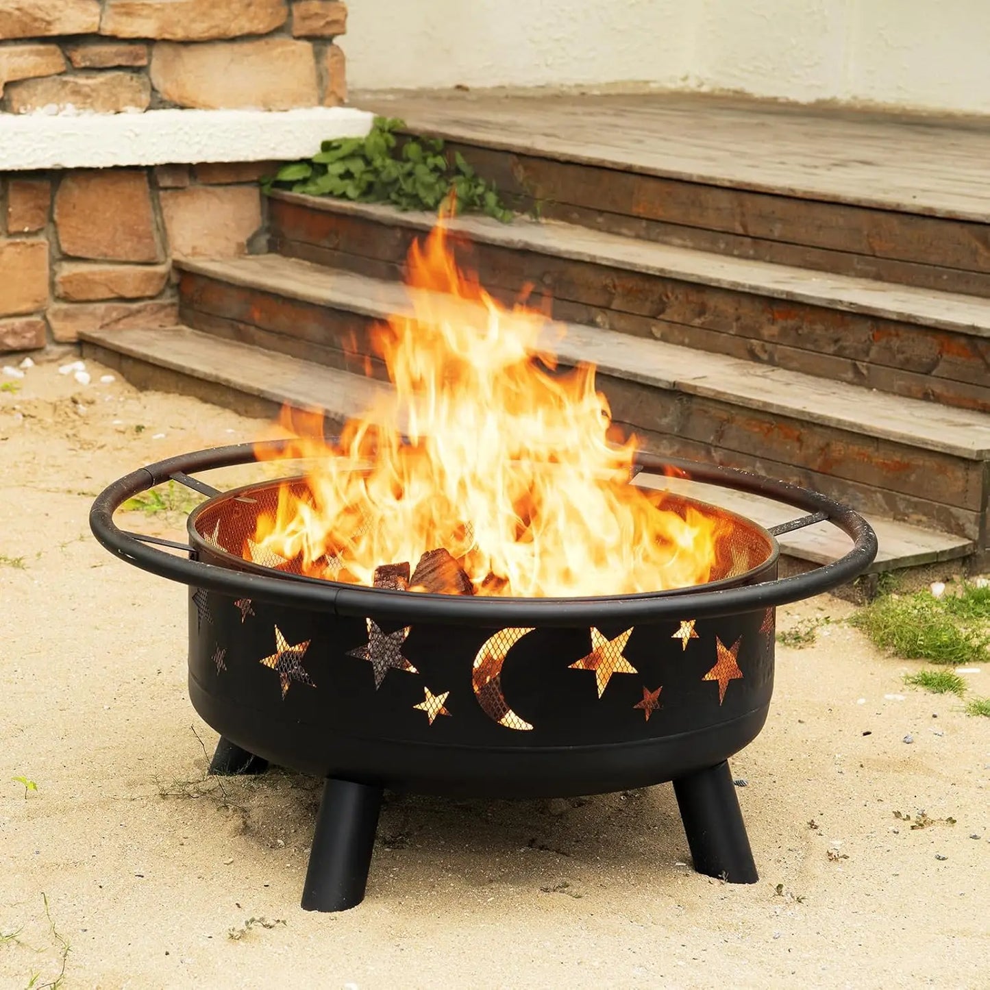 Fire Pit Star Moon Design Outdoor Metal Wood Burning