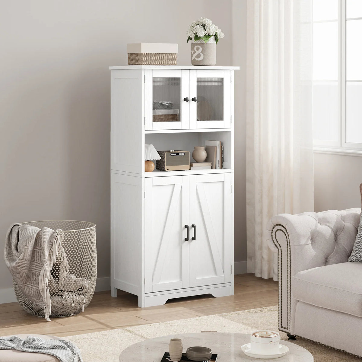 Modern Multipurpose Entryway Storage Cabinet – Freestanding Wooden Pantry with Glass Doors & Adjustable Shelves, Floor Organizer for Hallway, Kitchen, Living Room, Bathroom