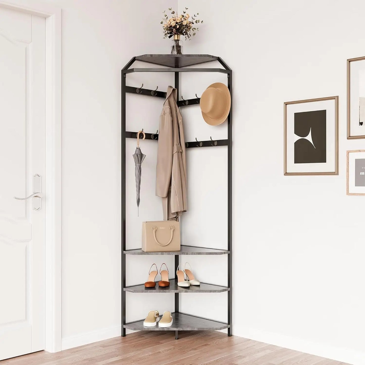 Corner Hall Tree With Shoe Bench Entryway Corner Coat Rack With 12 Double Hooks Clothes Rack With Corner Tree for Hallway