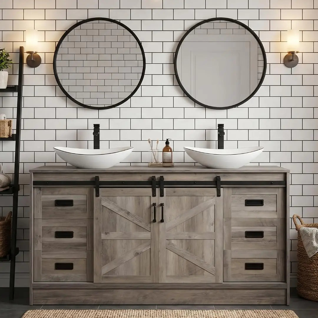 60" Barn Door Bathroom Vanity with 6 Drawers and Two Doors, Farmhouse Style Standing Pedestal Cabinet with Two Blue, Custom