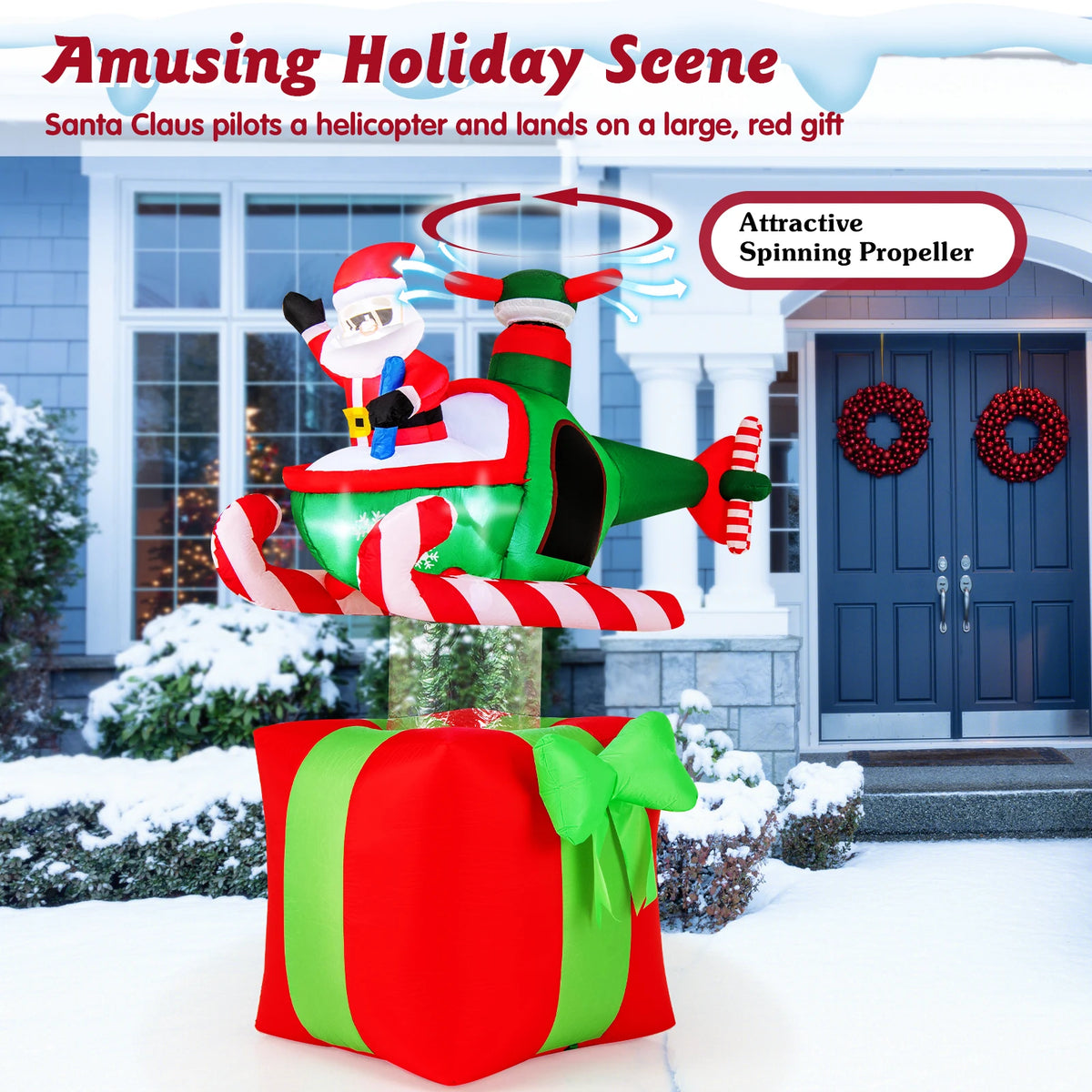 LIFEZEAL Christmas Santa Claus Helicopter Inflatable With LED Lights