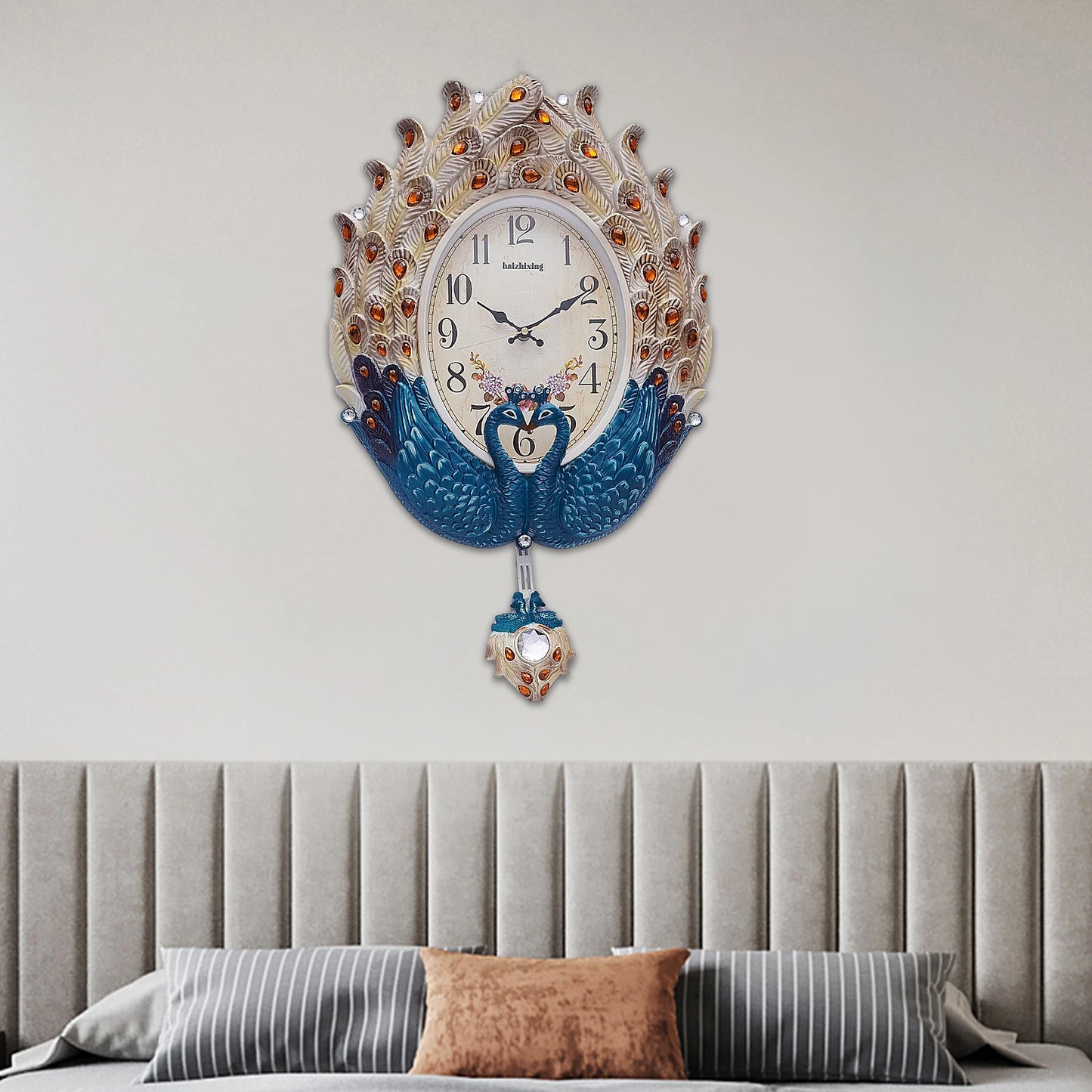 Blue Peacock Modern Wall Clock Silent Metal Pendulum Crystal Luxury