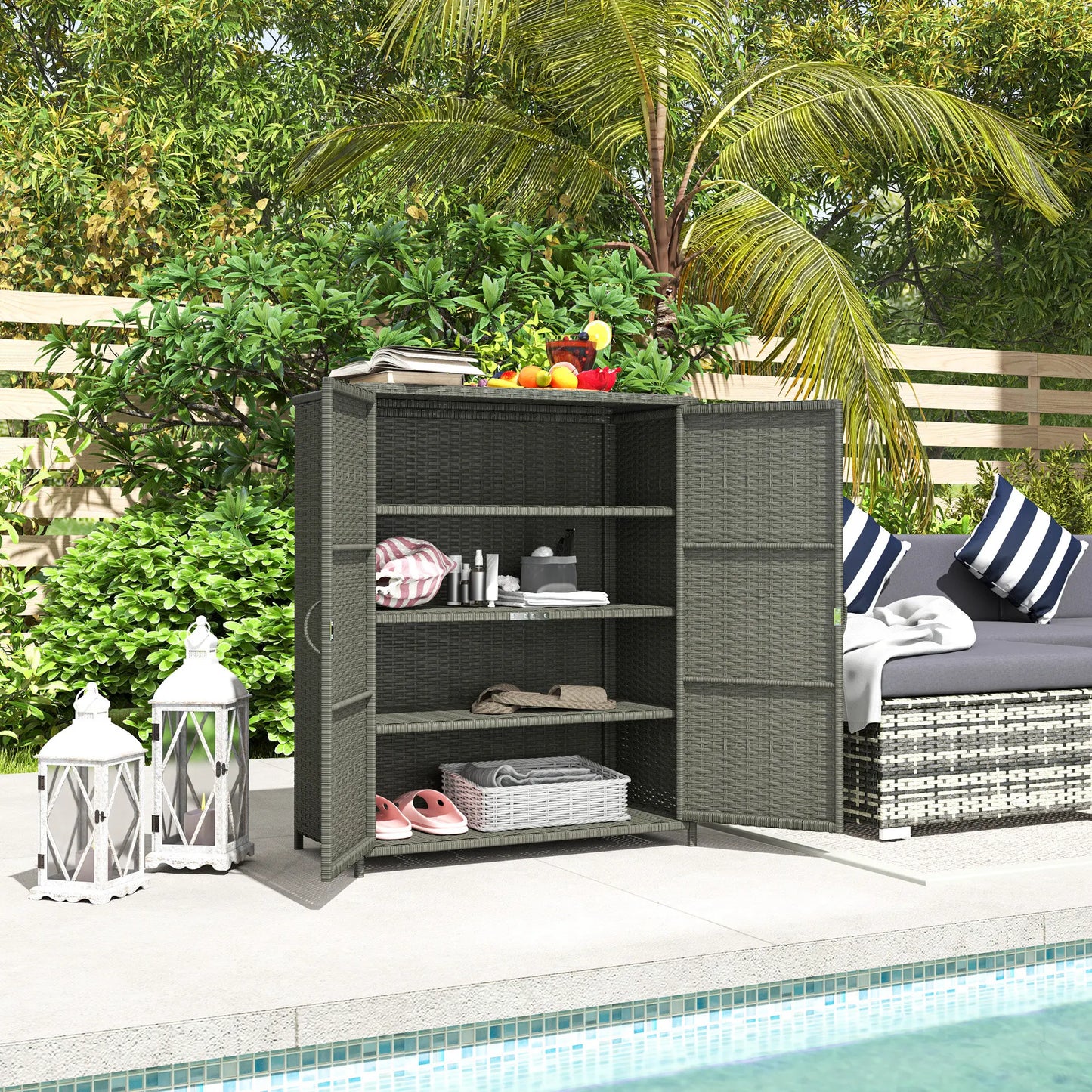 Outsunny Wicker Outdoor Storage Cabinet with Shelves, 2 Doors, Dark Gray