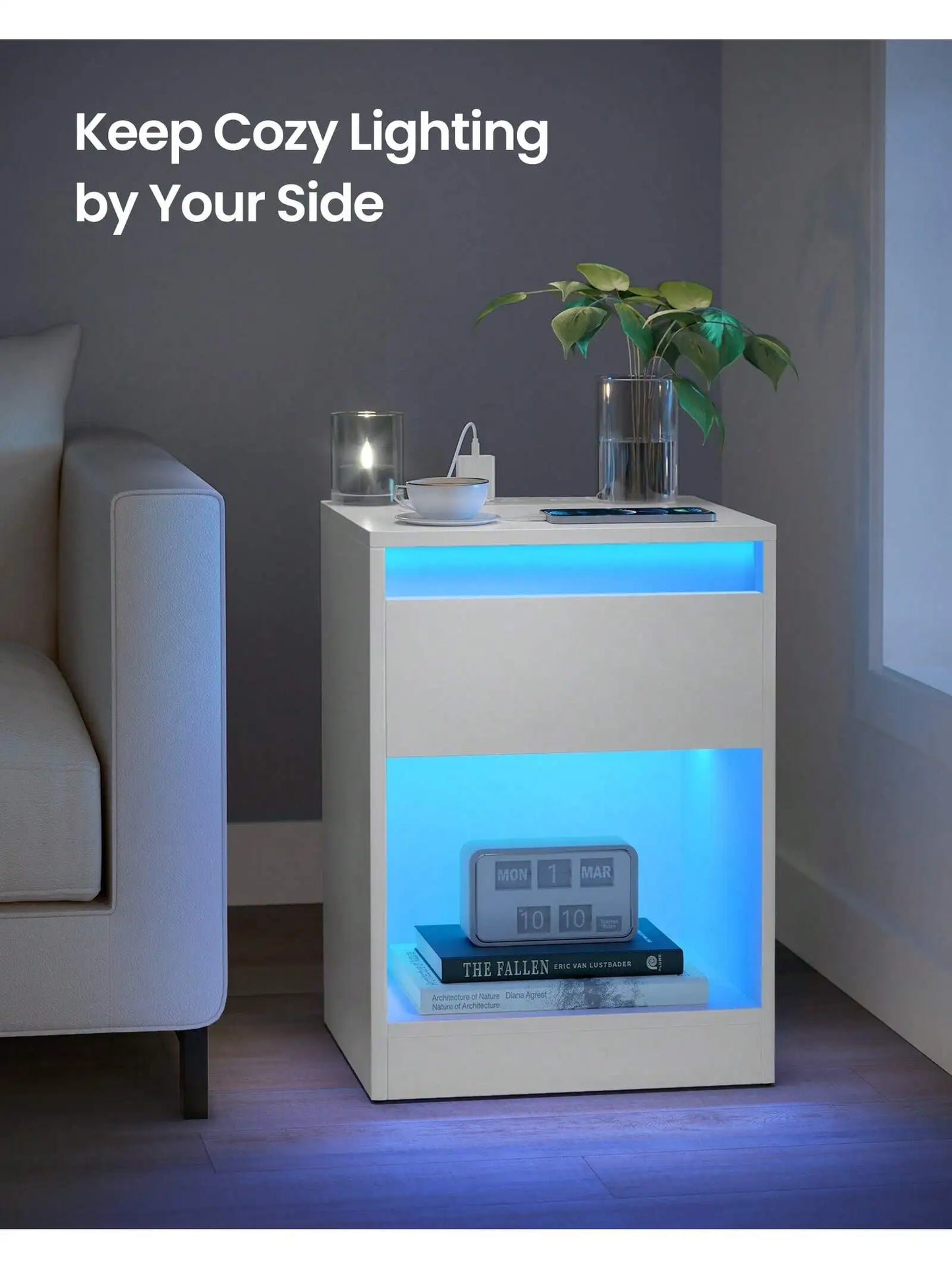 Nightstand With Charging Station, Adjustable Light Colors, 2 AC Outlets, 2 Ports, Bedside Table, Side Table With