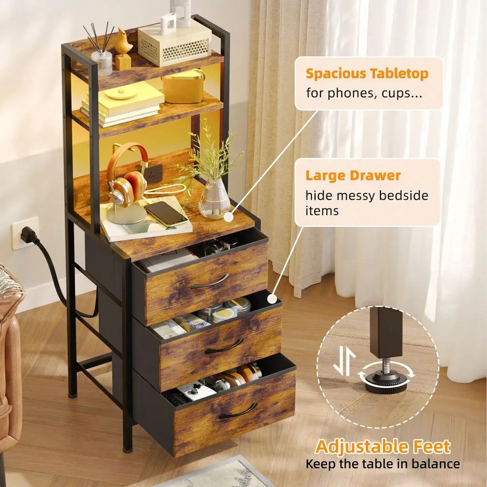 Tomnk 41 Inch Tall End Table With Charging Station & Light, 3-Drawer Fabric Nightstand With & Outlet, Multi-Level Bedsid