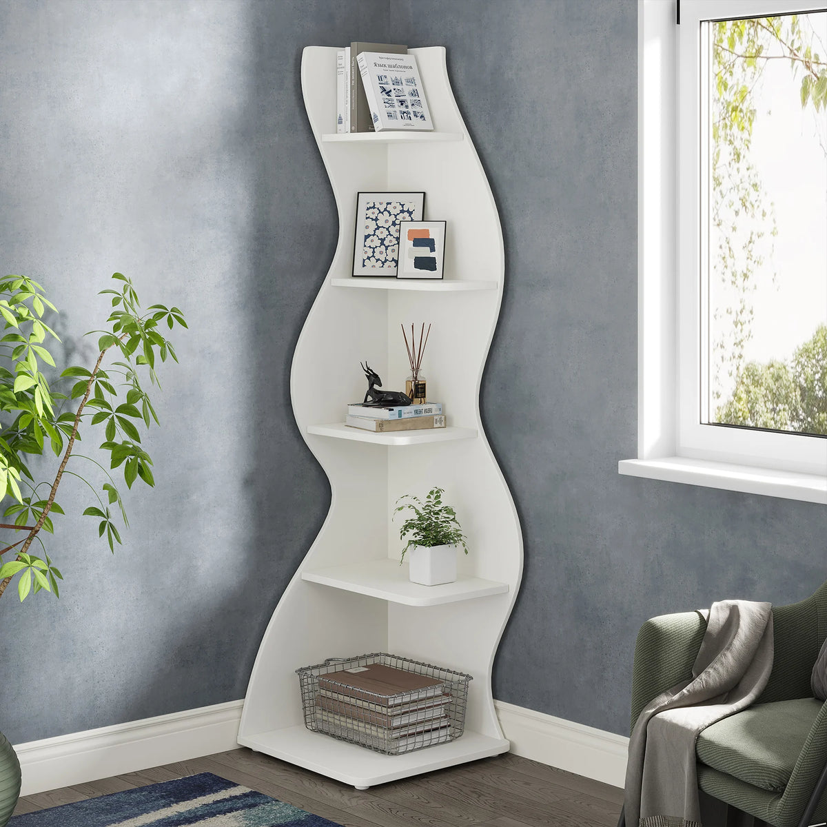 Tribesigns Modern Corner Bookshelf, Five Tier Wall Storage Shelf