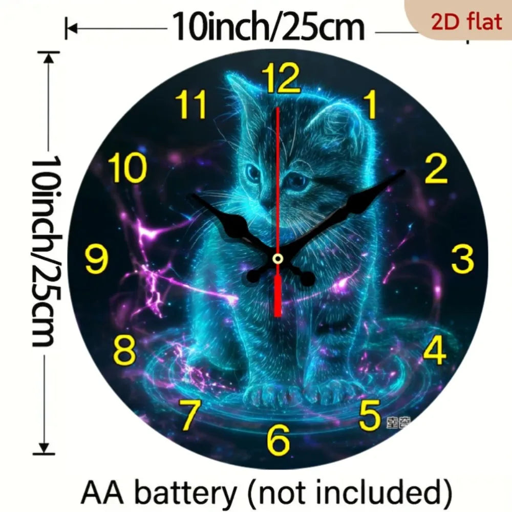 10 Inch Neon Glow-in-the-Dark Cat Wall Clock with Glowing Kitten Face & Neon Numbers - Quiet Sweep Movement, AA Wooden Round Clo