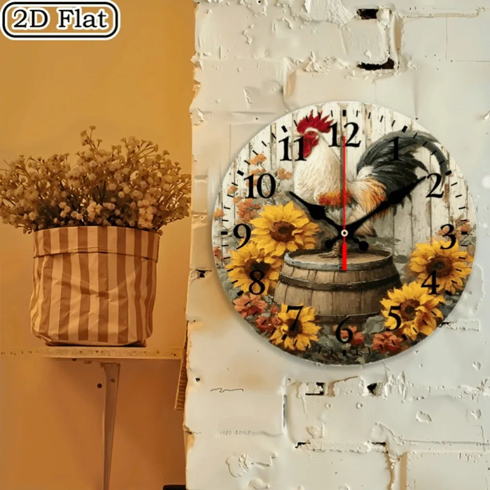 10 Inch Vintage Farmhouse Wall Clock with Sunflower & Rooster Design - Rustic Wooden Round Clock Suitable for Living Room, Kitch
