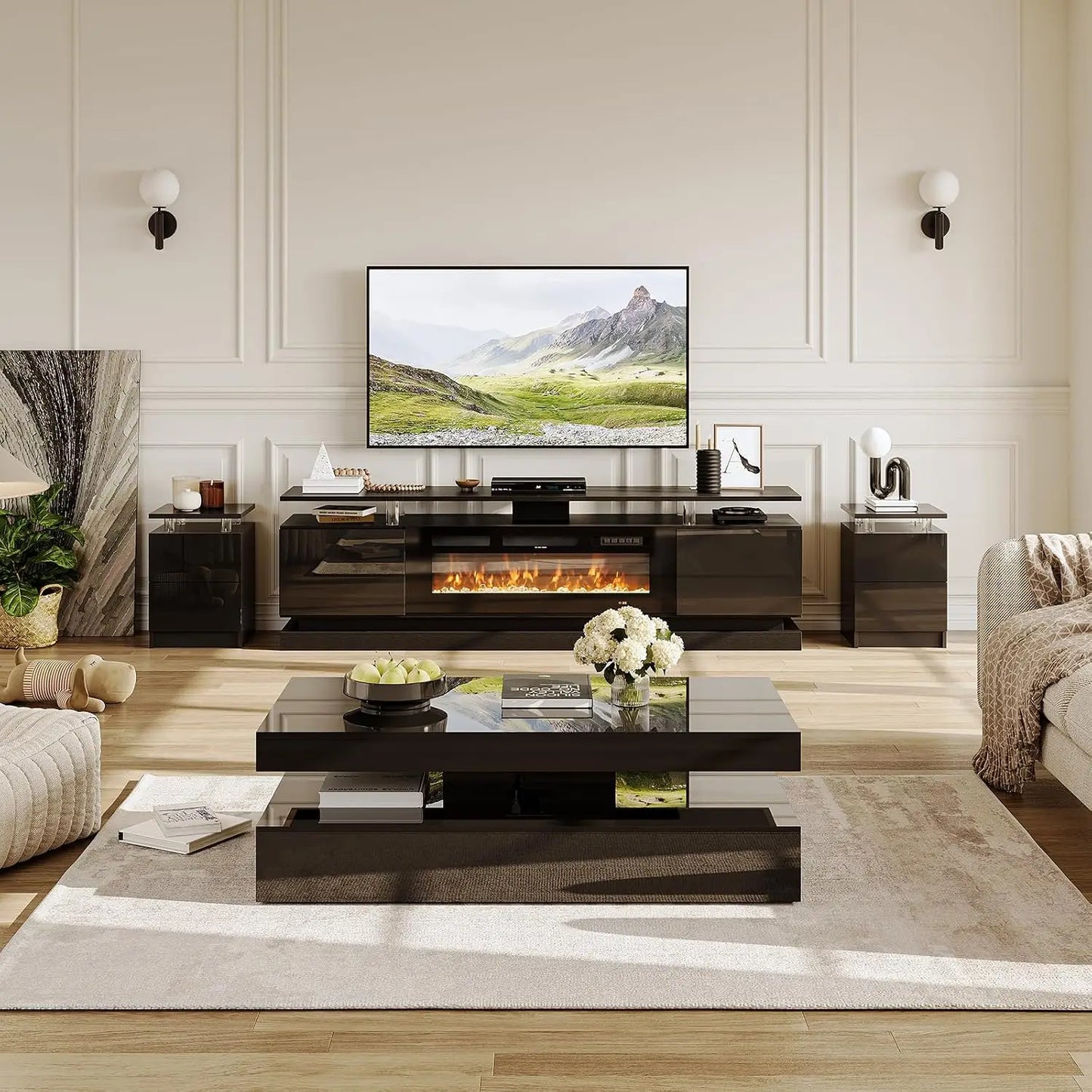 4-Piece Modern Living Room Table Set, Includes High Gloss 70" Fireplace TV Stand, 47" LED Coffee Table and 15" End, Custom