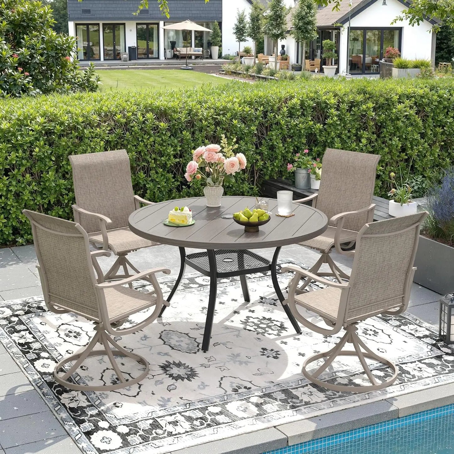 Outdoor Patio Dining Set With Four Textilene Swivel Chairs And Round Table