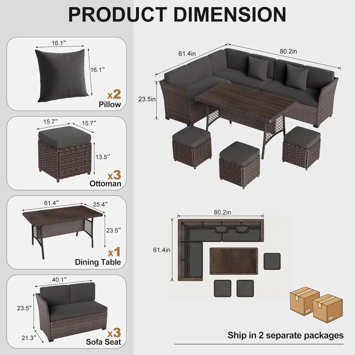 7 Pieces Patio Furniture Set, Outdoor Patio Furniture, Wicker Conversation Set with Dining Table, Chairs and Ottoman, Custom