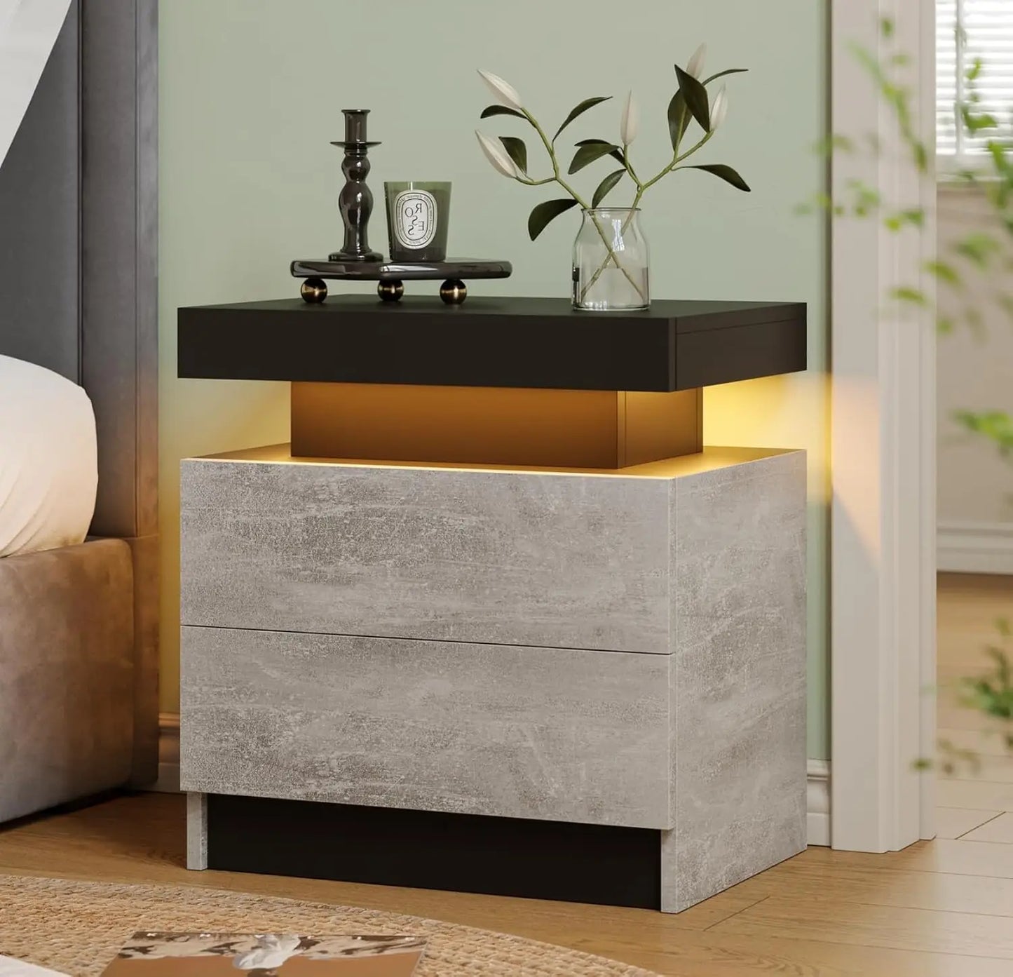 White LED Nightstand With Two Wood Drawers Bedside Table
