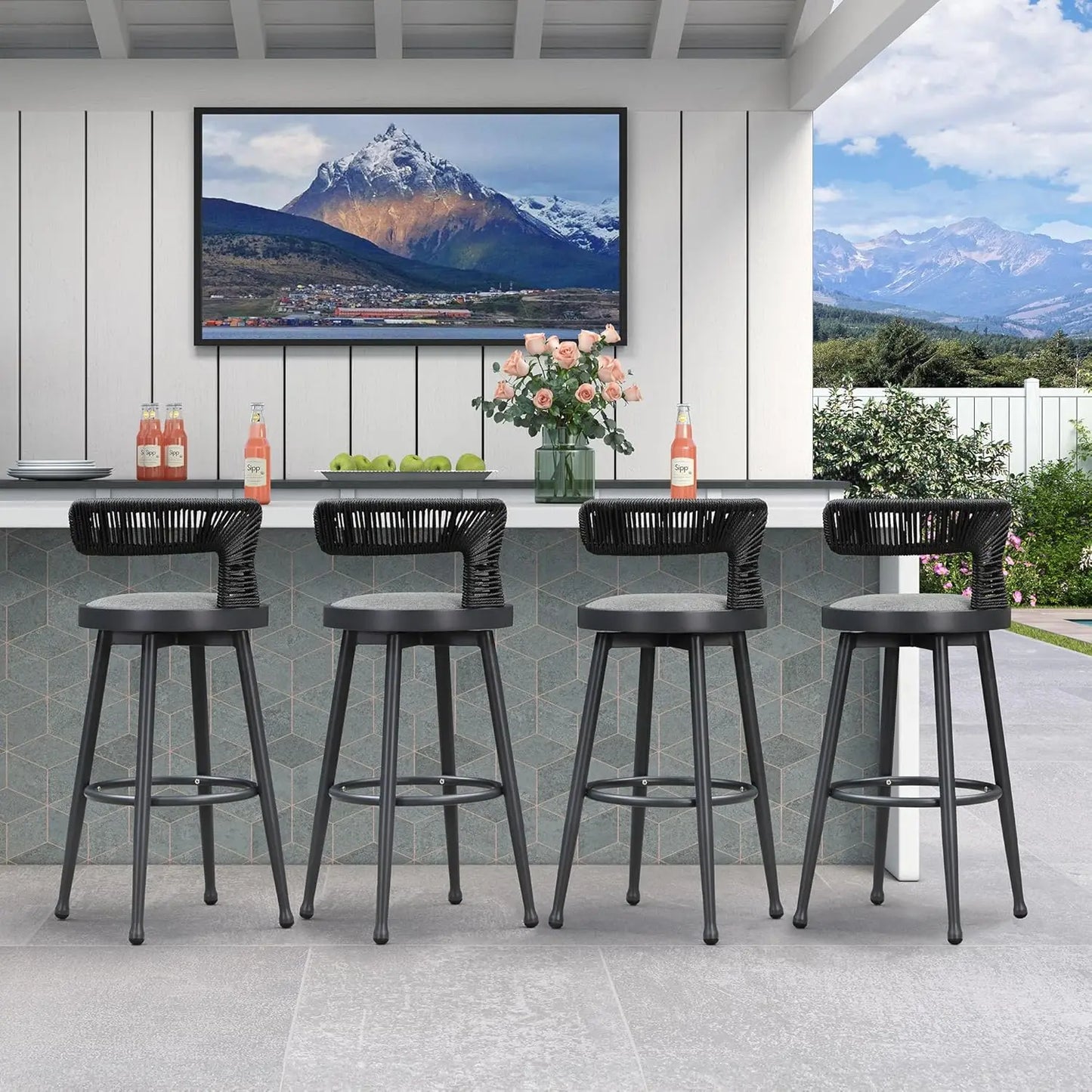Swivel Bar Height Stools Set of 4 Metal Wicker Bar Chairs with Back Aluminum Cushions Kitchen Balcony Garden Indoor Custom