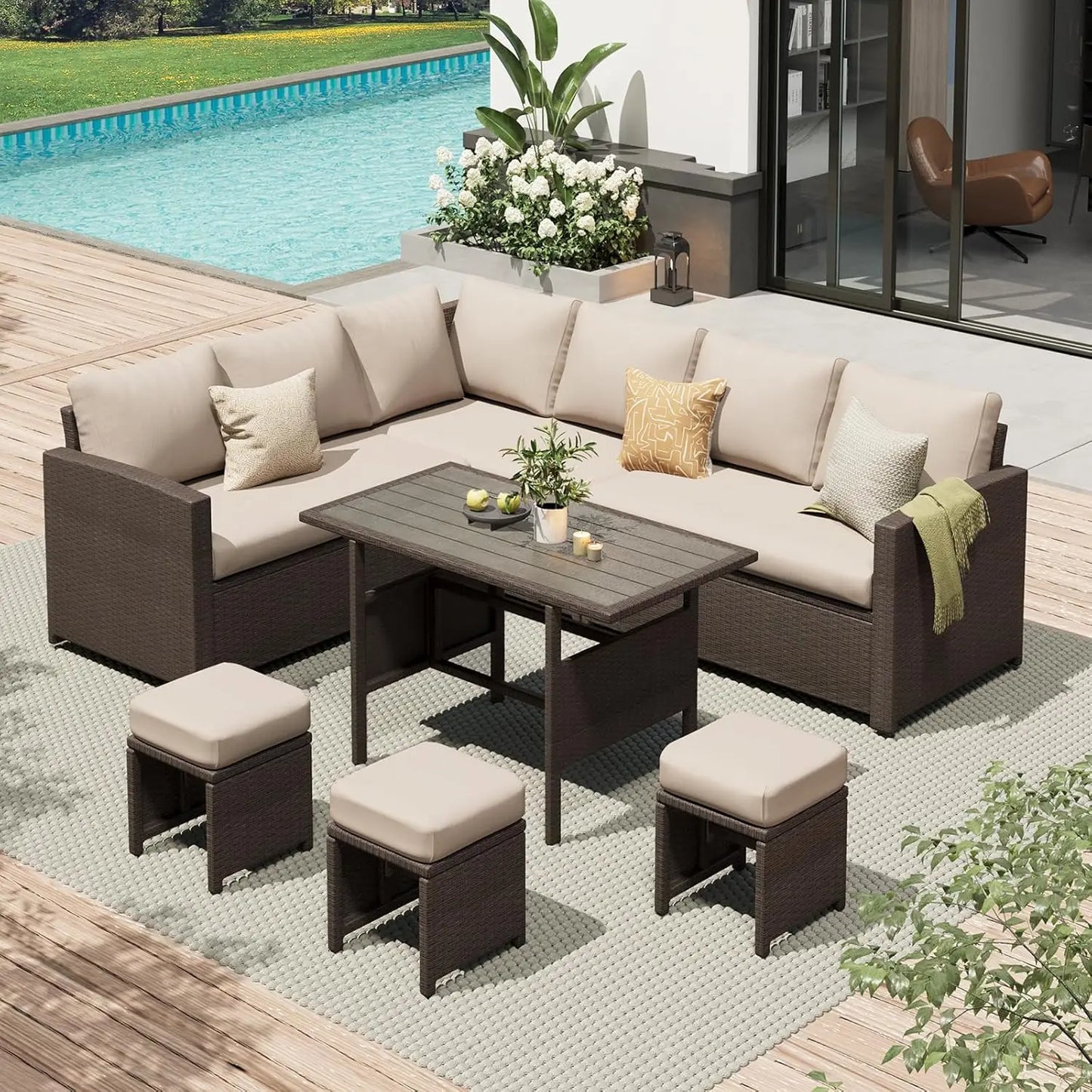 Outdoor Patio Furniture Set with Waterproof Cover, 7 Pieces Clearance Sectional Rattan Dining Table&Chairs, All Weather, Custom