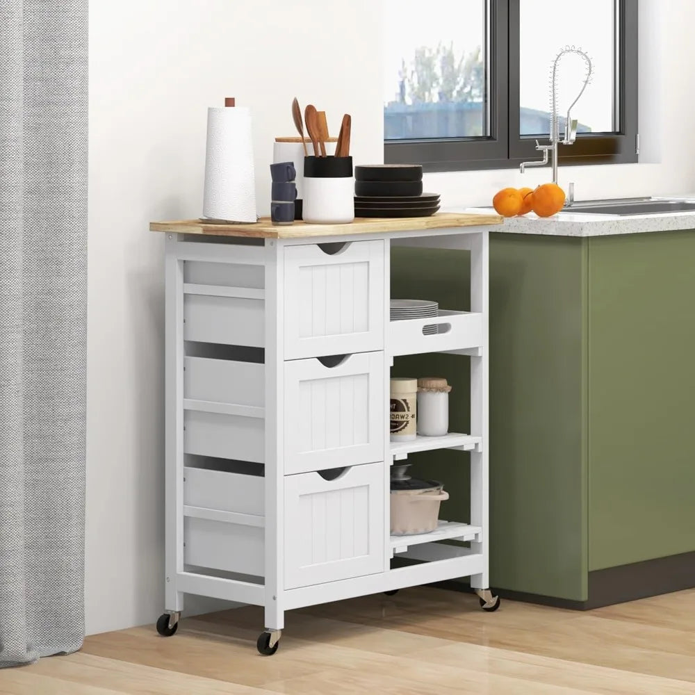 Rolling Kitchen Island Cart With Wood Top And Shelves