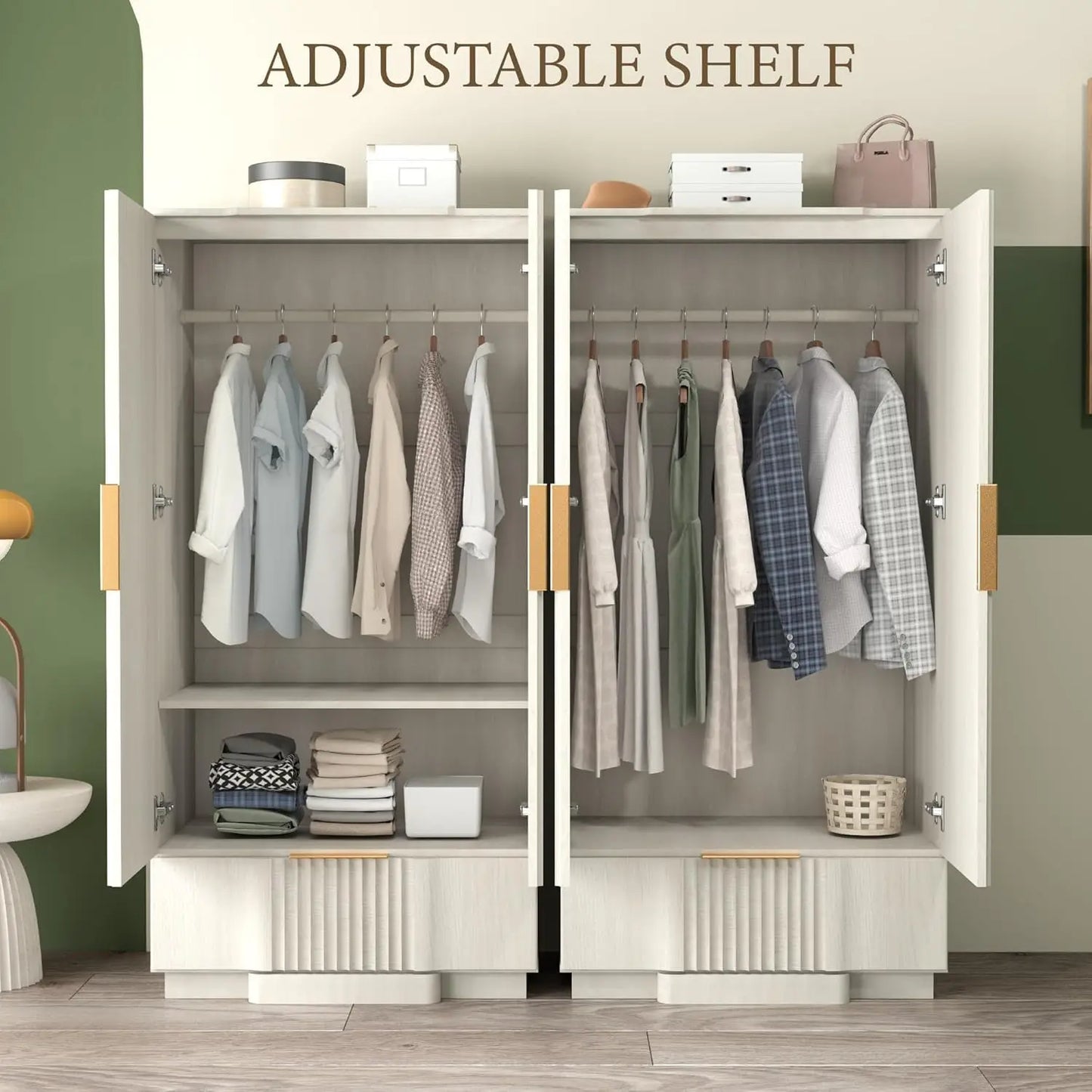 67" Fluted Armoire Wardrobe Closet with Drawers and Doors, Wooden Wardrobe Cabinet with Adjustable Shelves, Modern, Custom
