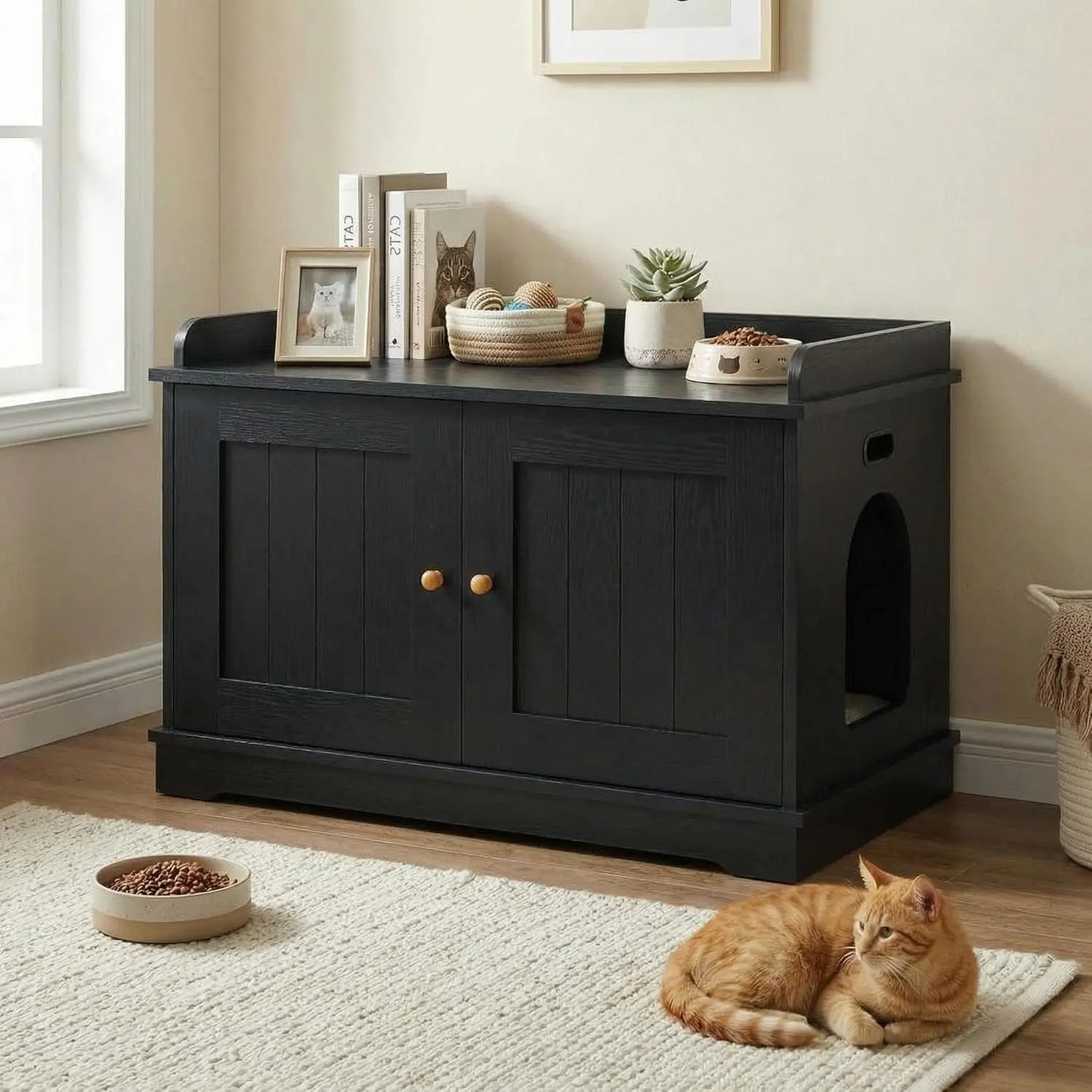 Cat Litter Box Enclosure, Hidden Litter Box Cabinet Furniture, Wooden Cat Washroom Furniture with Cosy Perch, pets House