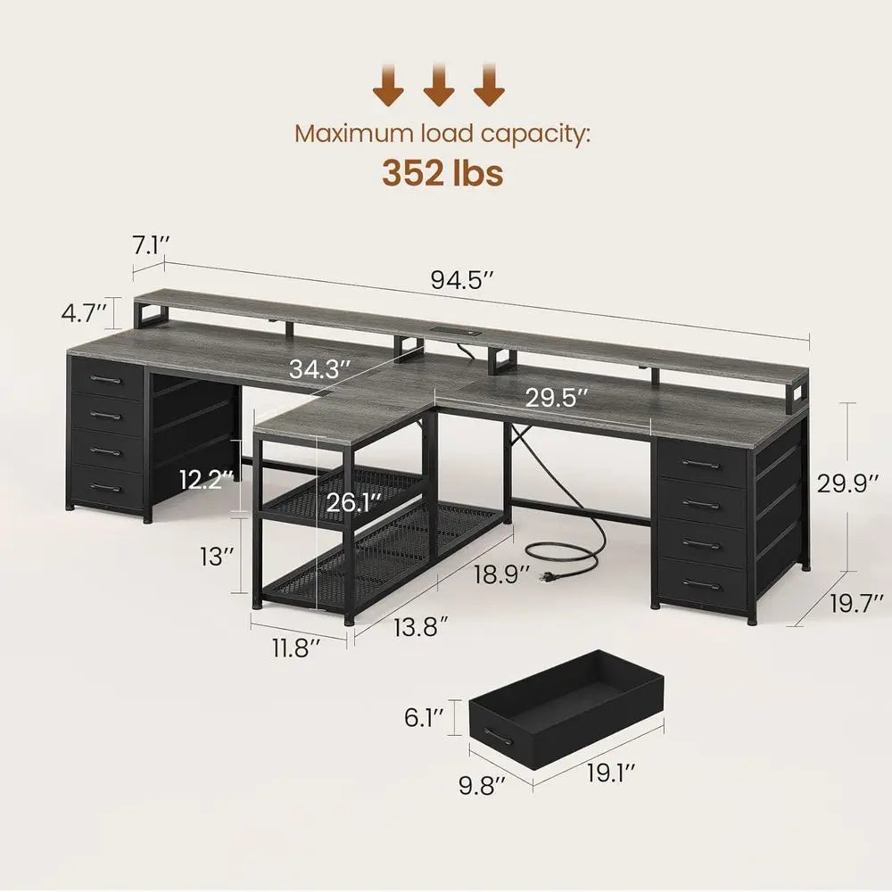 Two Person Gaming Desk with Drawers LED Lights Power Strip