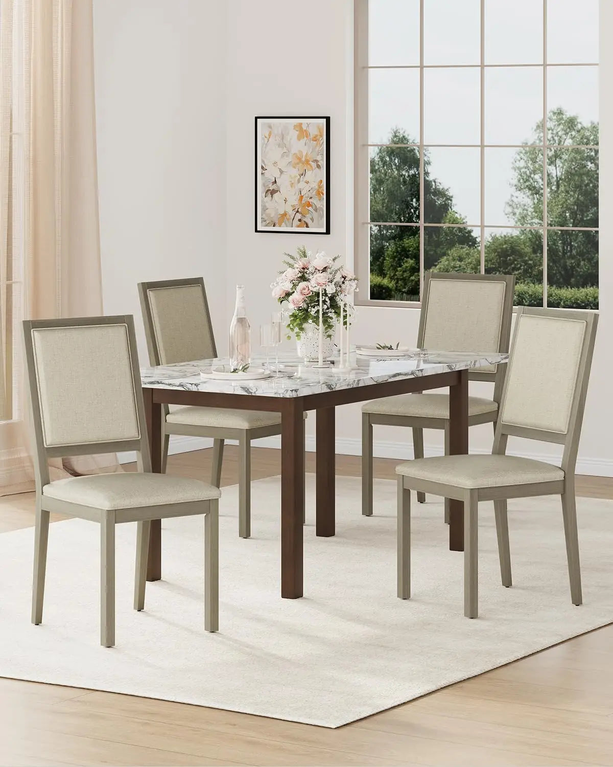 Fabric Upholstered Dining Chairs Set of 4 With Solid Wood