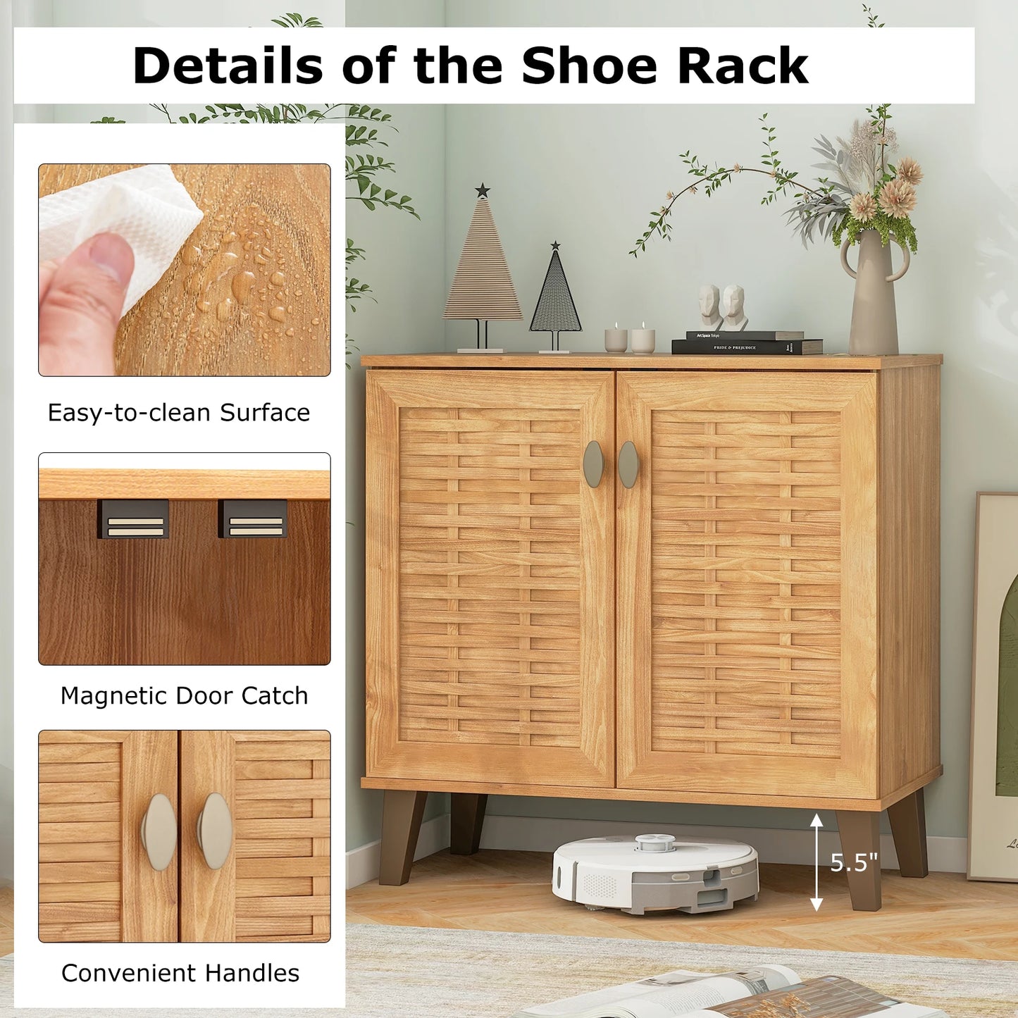 2-Door Shoe Cabinet w/ Ventilated Woven Doors & 3 Removable Shelves for Entryway