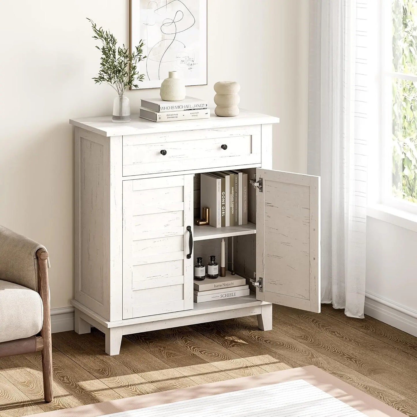 Farmhouse Storage Cabine 3-Tiers Adjustable Shelf, Rustic Kitchen & Dining Room Organizer, Multi-Functional Entryway Cabinet