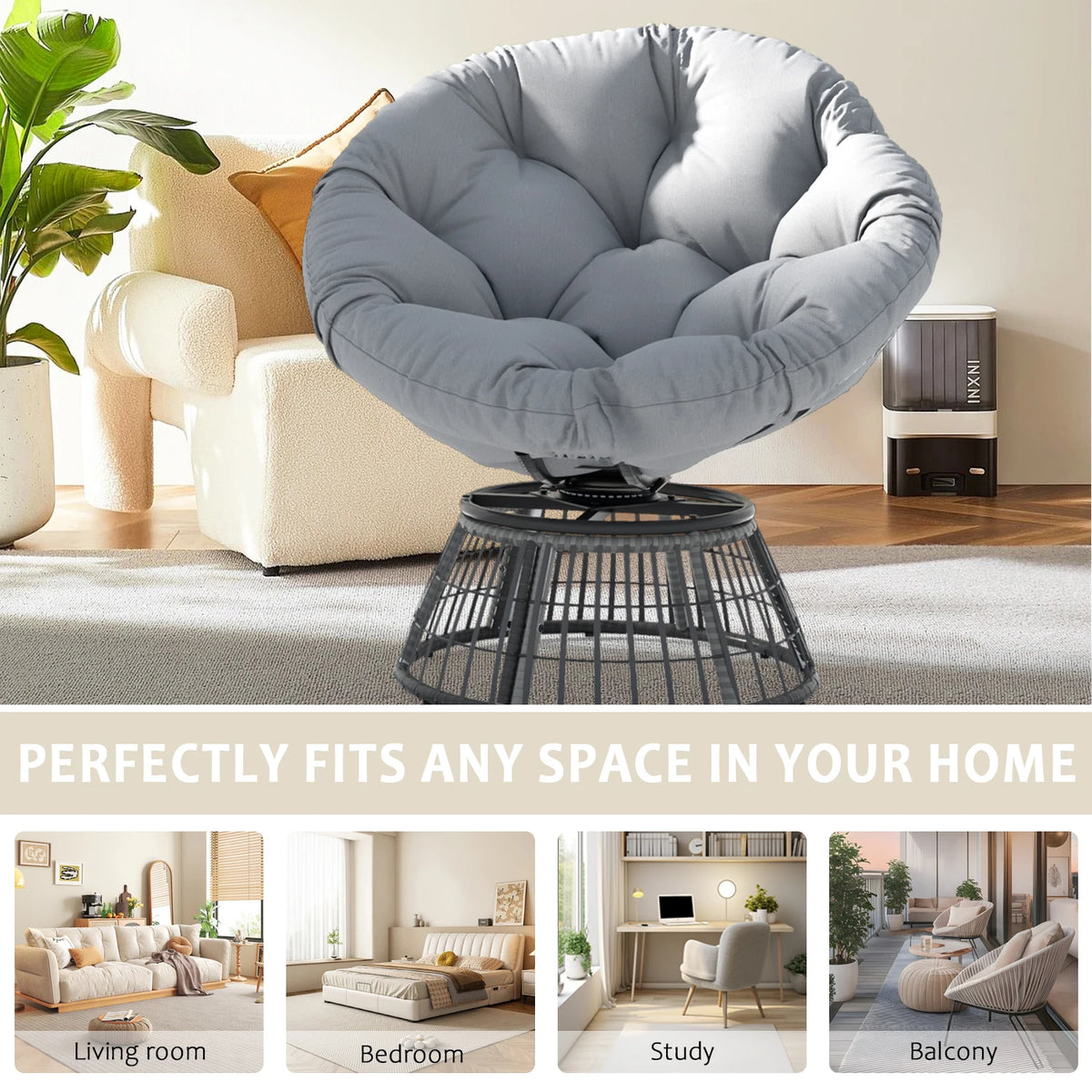 Swivel Papasan Chair, Outdoor Wicker Patio Lounge Chair with Thick Cushion, All-Weather Rattan Accent Chair for Backyard Porch Garden