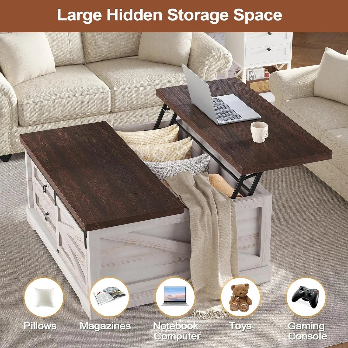 39.4in Lift Top Coffee Table Hidden Compartment 2 Drawers Adjustable Shelf Living Room , Custom
