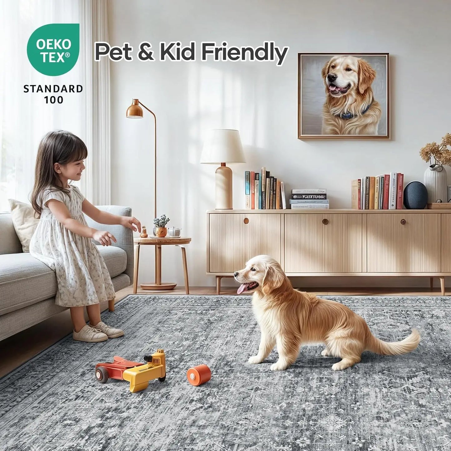 Soft Floral Wool Silk Washable Area Rug With Non-Slip Backing