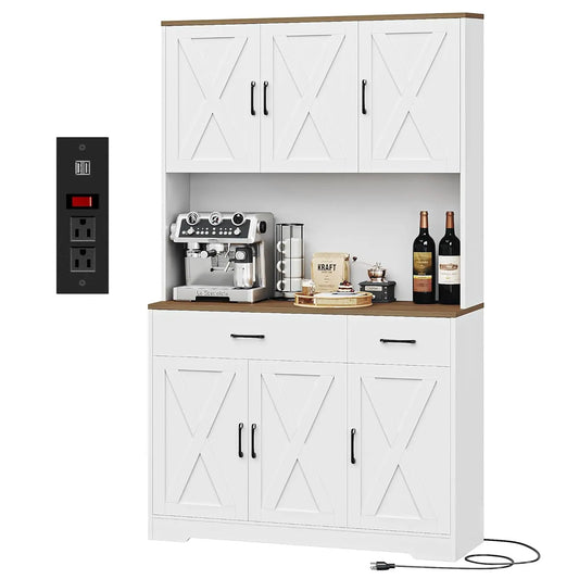 Chengwei Farmhouse Pantry Cabinet With Charging Station And Microwave Stand