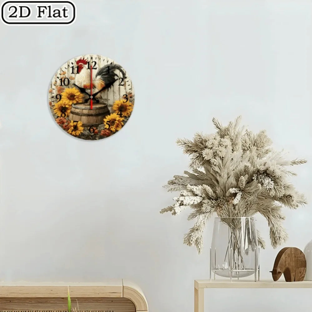 10 Inch Vintage Farmhouse Wall Clock with Sunflower & Rooster Design - Rustic Wooden Round Clock Suitable for Living Room, Kitch