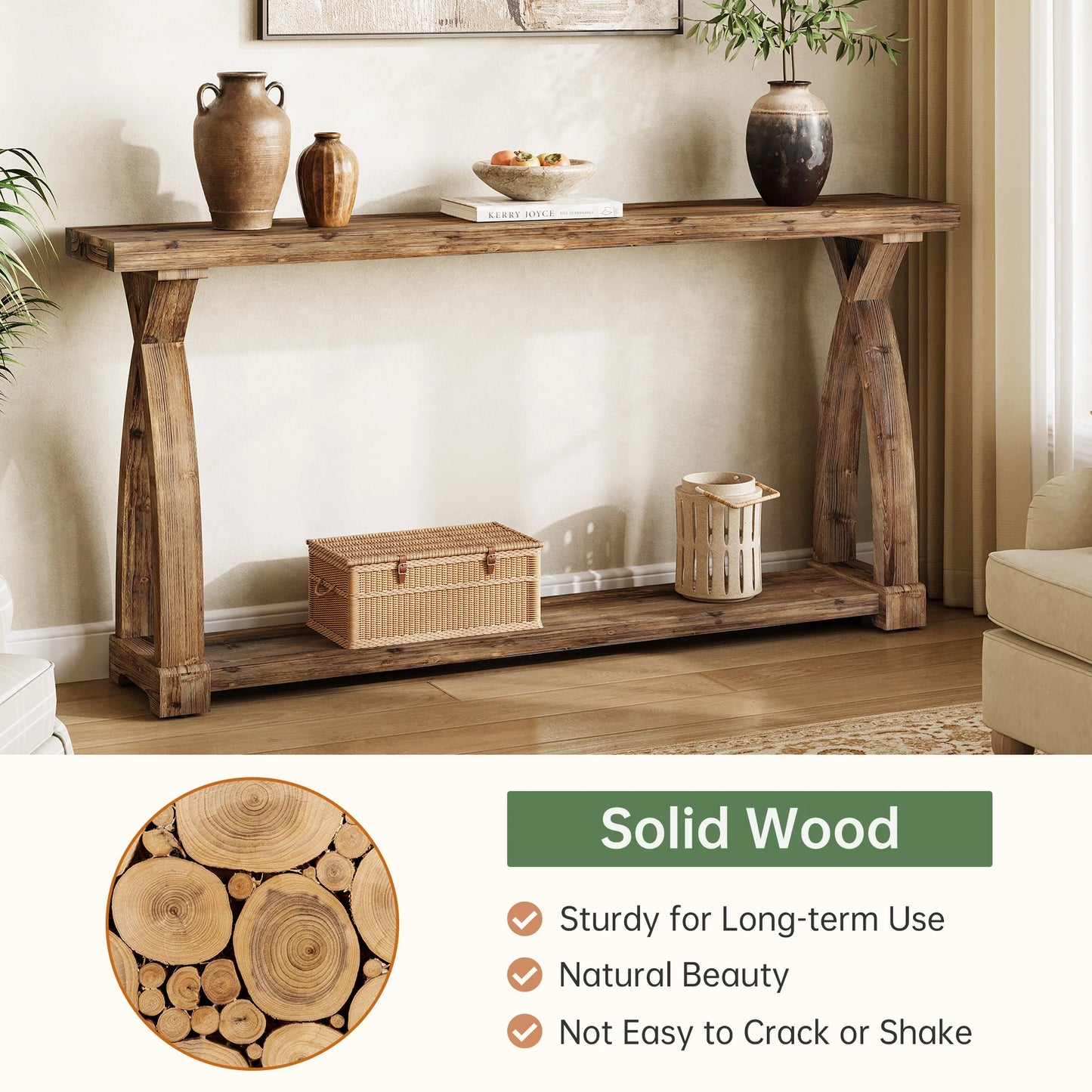 Tribesigns Solid Wood Farmhouse Console Table With Tiered Storage